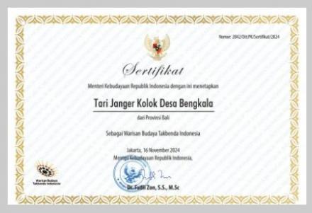 SERTIFIKAT WARISAN BUDAYA TAKBENDA INDONESIA JANGER KOLOK DESA BENGKALA